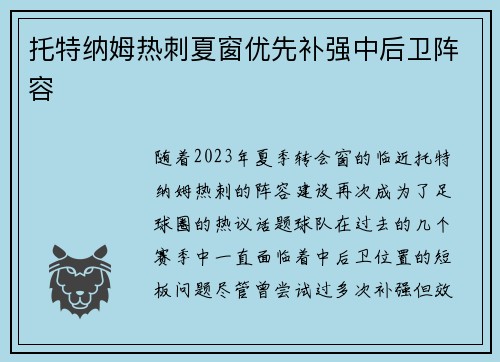 托特纳姆热刺夏窗优先补强中后卫阵容
